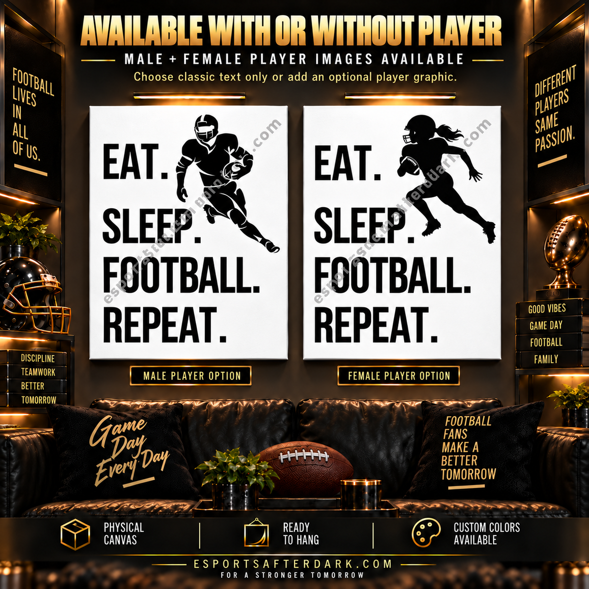 Eat Sleep Football Repeat Canvas Wall Art | Football Player, Coach & Man Cave Decor